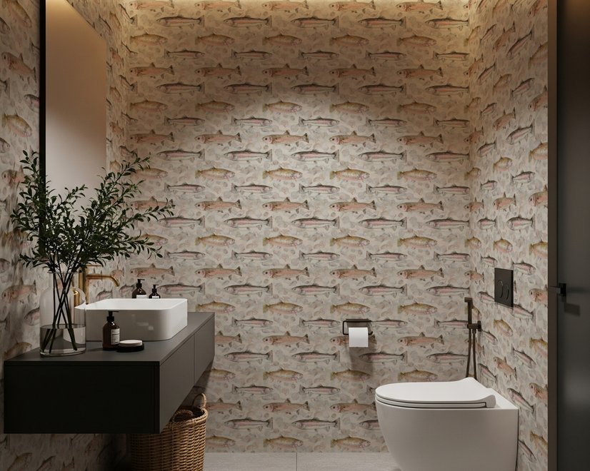 Watercolor fish wallpaper with trout, seashells and pale aqua washes on a warm cream ground