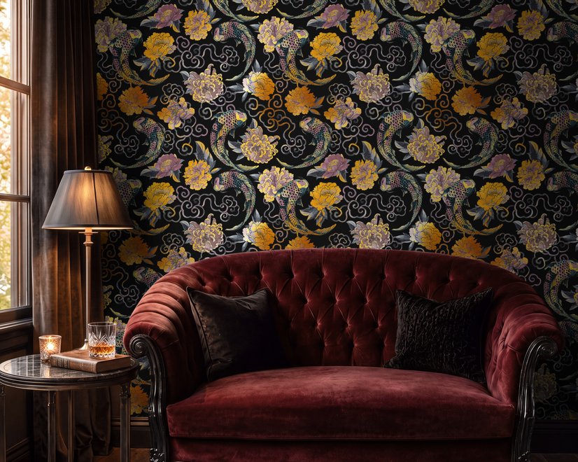 Japanese art wallpaper pattern with koi fish, gold peonies, mauve flowers and grey clouds on black