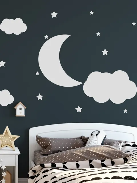 Nursery White Crescent Moon with Clouds Wall Decal Sticker