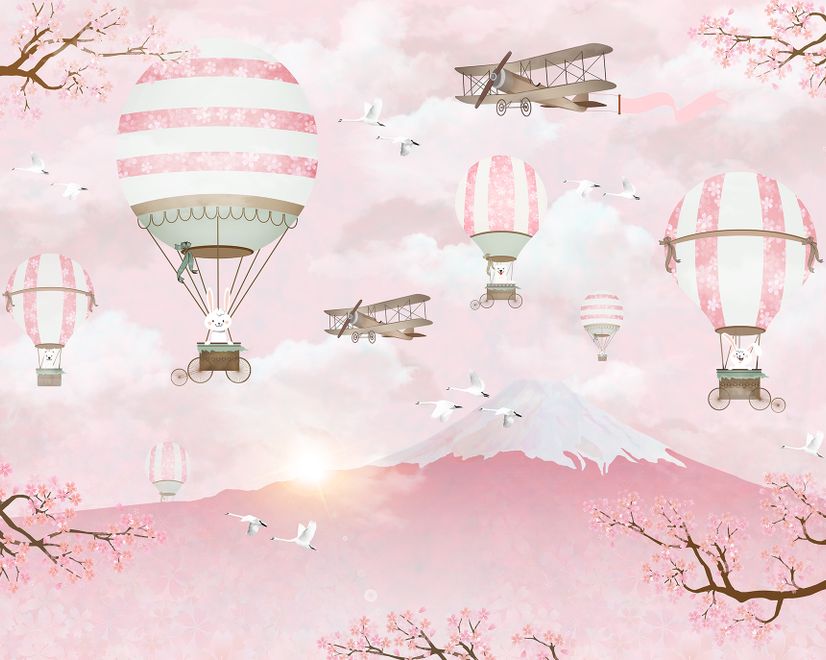 Hot Air Balloon with Pink Mountain Landscape Wallpaper Mural