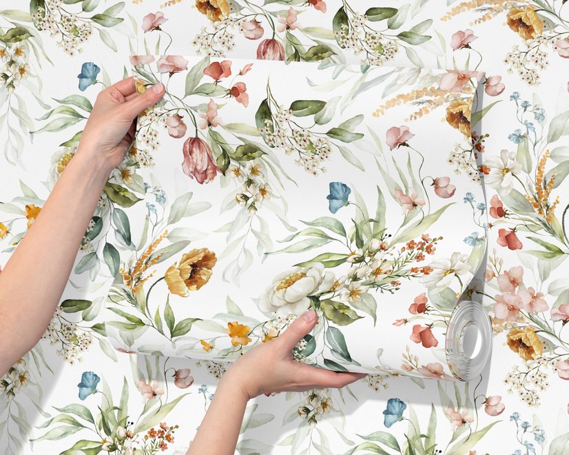 Watercolour floral wallpaper with sage leaves, blush and ochre flowers on a white ground