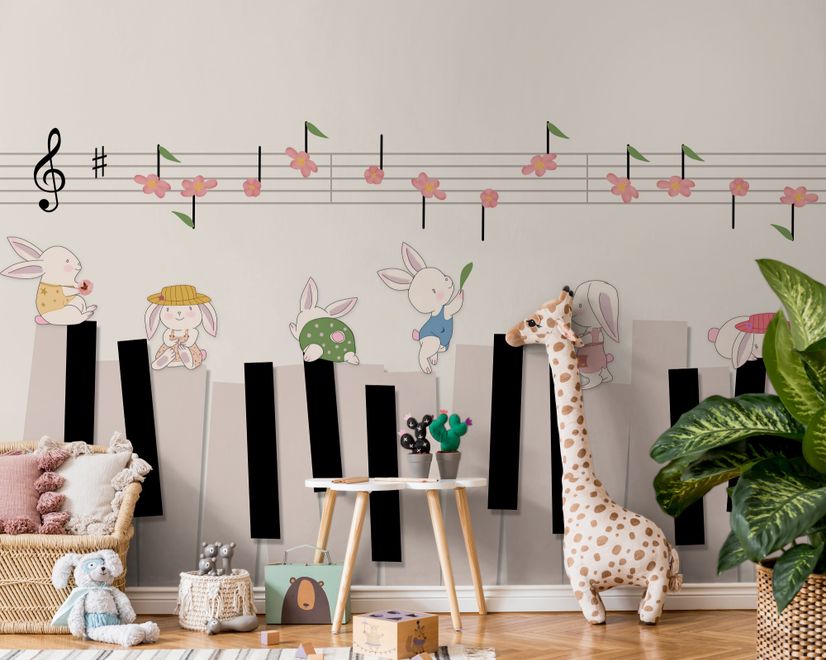 Papier peint panoramique piano avec lapins cartoon