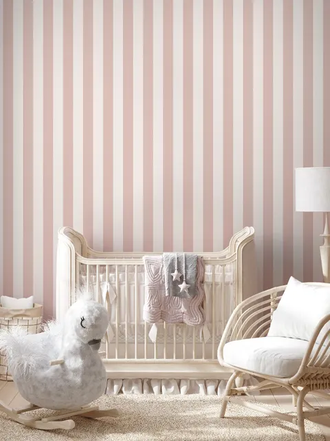 Papier peint panoramique rayé bleu tendre/rose pour chambre d'enfant