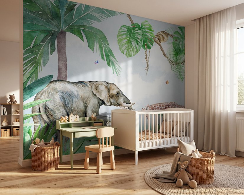Kindertapete Tropischer Wald mit Süßen Safari-Tieren Fototapete