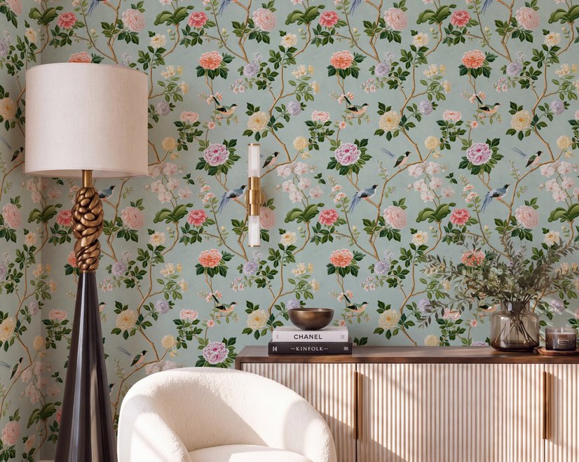 Chinoiserie wallpaper with peach birds, orchids and peonies on a pale duck egg blue ground