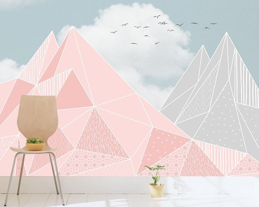 Pink Gray Polygonal Mountain Wallpaper Mural