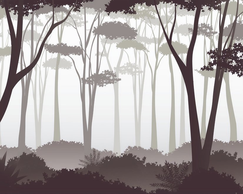 Papier peint panoramique monochrome marron avec silhouette de forêt et d'arbre