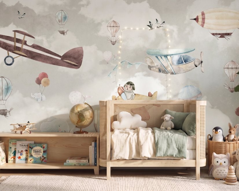 Kinderzimmer Fototapete Cartoon-Tiere fliegen mit Flugzeug