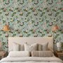 Chinoiserie wallpaper with peach birds, orchids and peonies on a pale duck egg blue ground