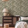 Vintage bamboo wallpaper with sage and smoky blue-green leaves on a warm taupe ground