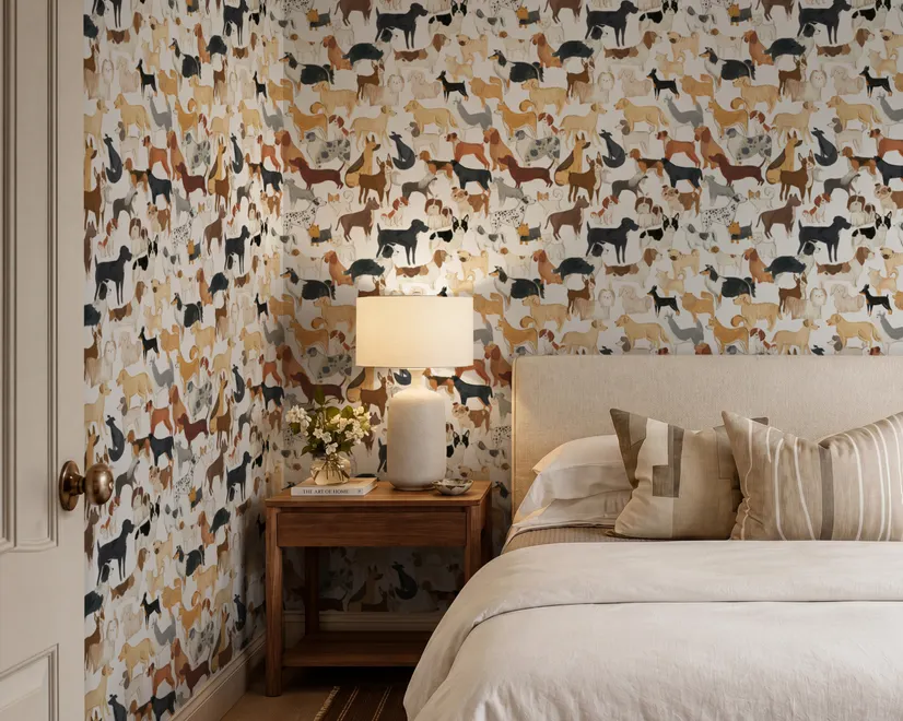 Zoomie kids wallpaper with painted dog breeds in tan, brown, black and grey on white
