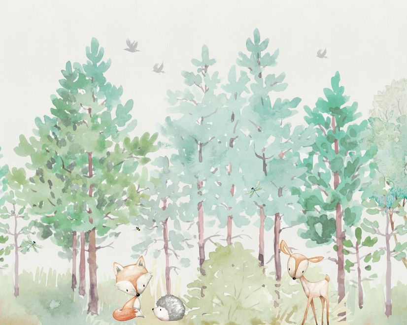 Papier peint forêt verte aquarelle renard hérisson élan mignons