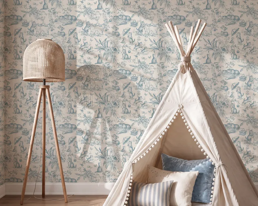 Cute cats wallpaper with dusty blue toile kittens, roses and garden scenes on warm cream