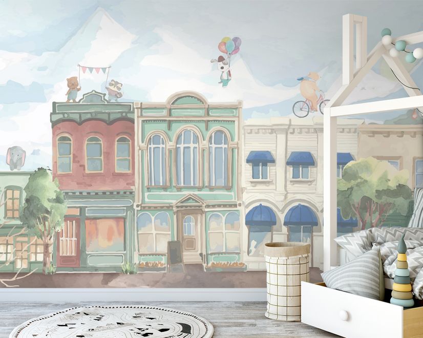 Kids Village Drawing with Cartoon Animals Wallpaper Mural