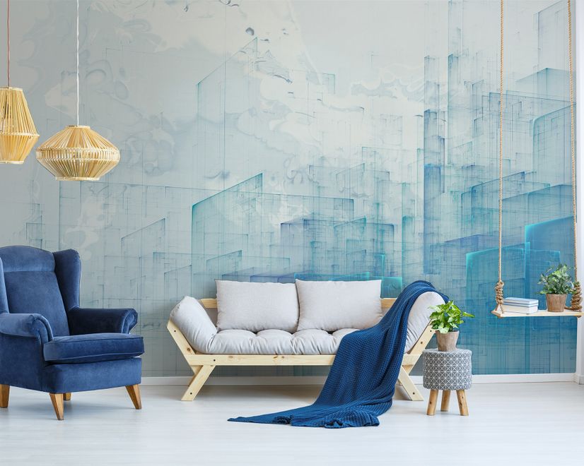 Abstract Blue Monochrome City Landscape Wallpaper Mural