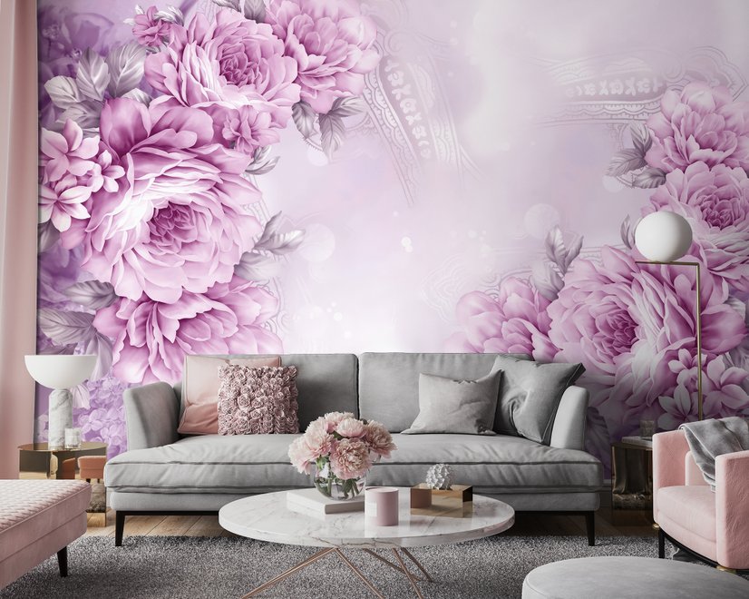 Papier peint panoramique pivoines roses dessinées