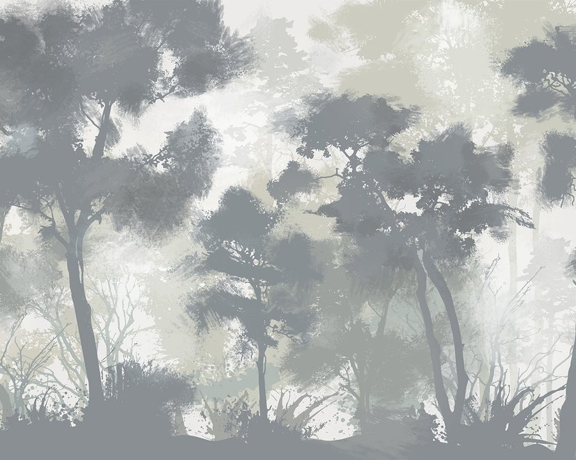 Monochrome Forest Silhouette Landscape Wallpaper Mural