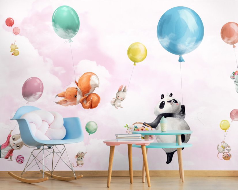 Cute Flying Panda & Animals Kids Nursery Wallpaper Mural