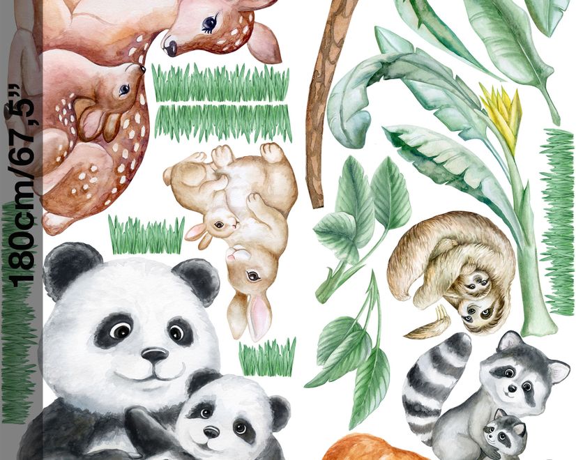 Kinder Süße Waldtiere mit Bäumen Wandtattoo