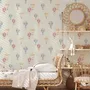 Watercolor blue wallpaper with hot air balloons, cream clouds and peach stars on pale sage green