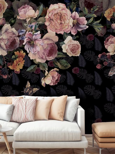 Papier peint panoramique vintage rose foncé fleurs