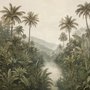 Misty tropical forest wallpaper with palms, pale river and hazy hills in muted green sepia