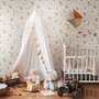 Woodland nursery wallpaper pattern with watercolour fawns, fox cubs, rabbits, teddy bears, birds and ducklings on cream