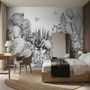 Monochrome Cactus Floral with Flamingo Drawing Wallpaper Mural