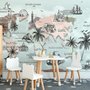 Papier peint panoramique carte du monde pour enfants avec monuments célèbres au fusain