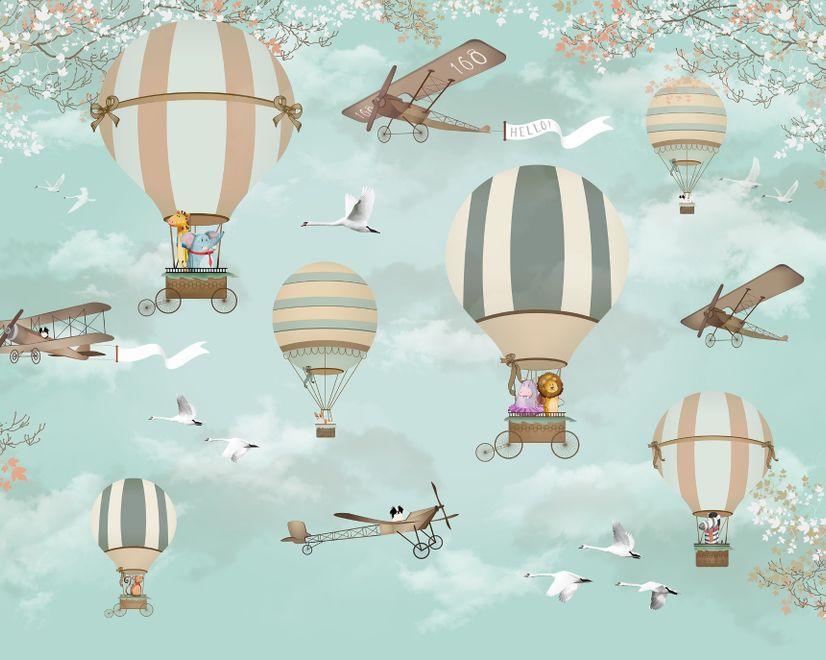 Hot Air Balloon with Animals Wallpaper Mural