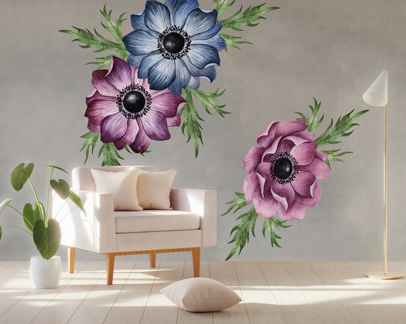 Watercolor Dark Blue Red Anemone Florals Wall Decal Sticker