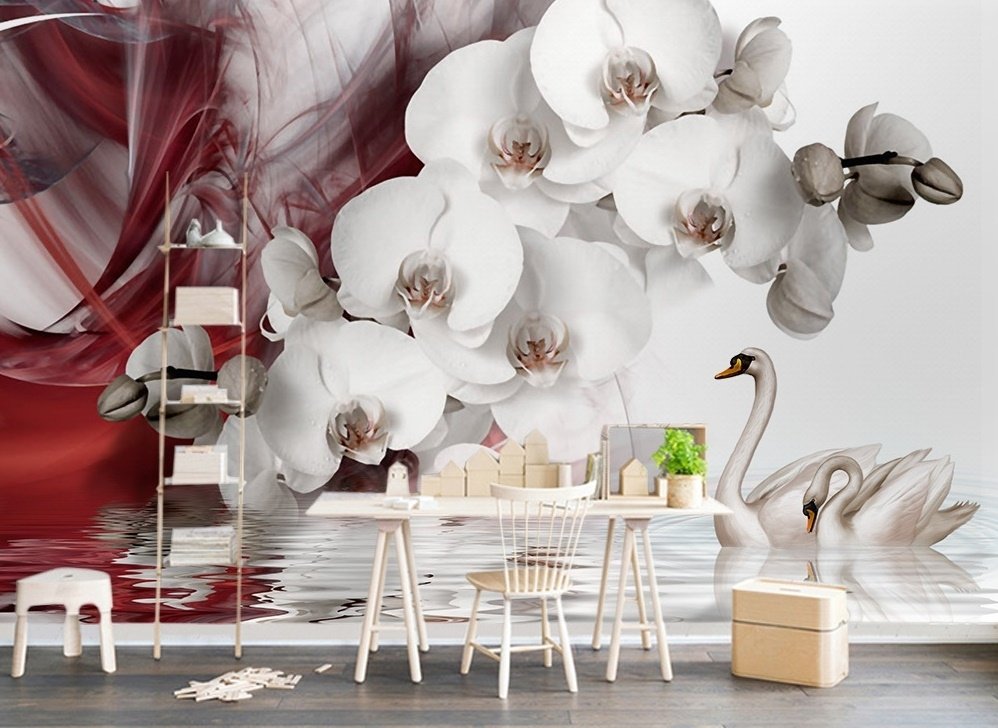 Swan and White Orchid with Red Smoke Pattern Wallpaper Mural - Peel and Stick
