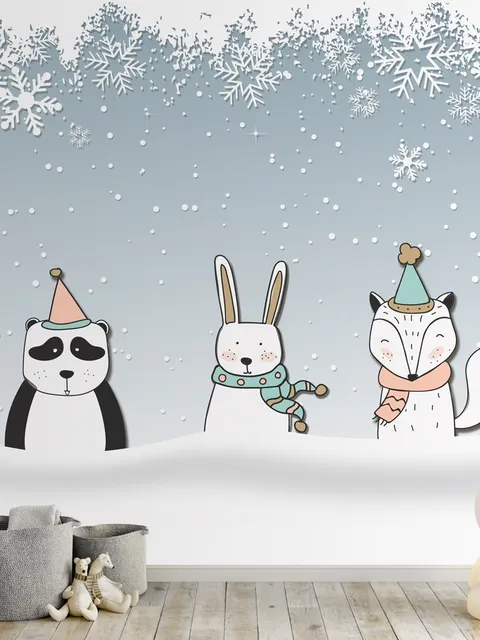 Cartoon Fox and Panda Winter Animals Wallpaper Mural