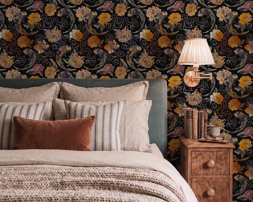 Japanese art wallpaper pattern with koi fish, gold peonies, mauve flowers and grey clouds on black