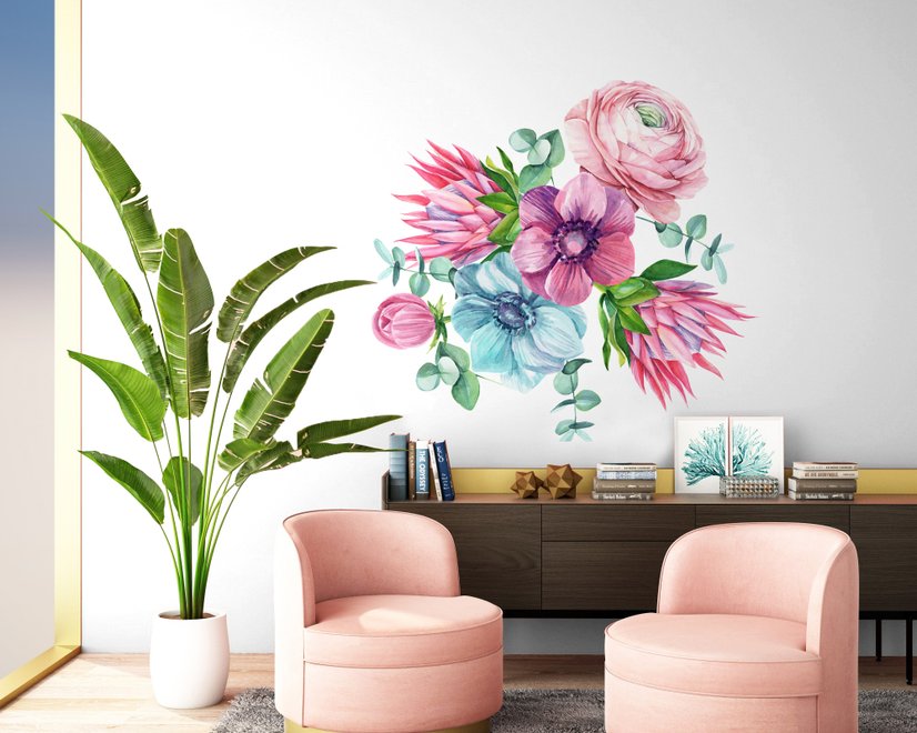 Stickers muraux floral de protea rose avec renoncule et tulipes aquarelle