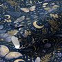 Midnight navy moody botanical wallpaper with lavender butterflies, ivory moons, gold stars, flowers and mushrooms