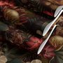 Dark moody floral wallpaper with cream peonies, coral lilies, berries and green foliage on chocolate brown