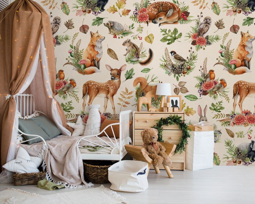 Nursery Watercolor Cute Forest Animals Pattern Wallpaper Mural
