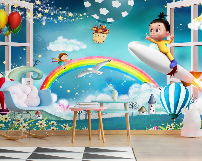 Cartoon Boo Monsters and Hot Air Balloon Wallpaper Mural