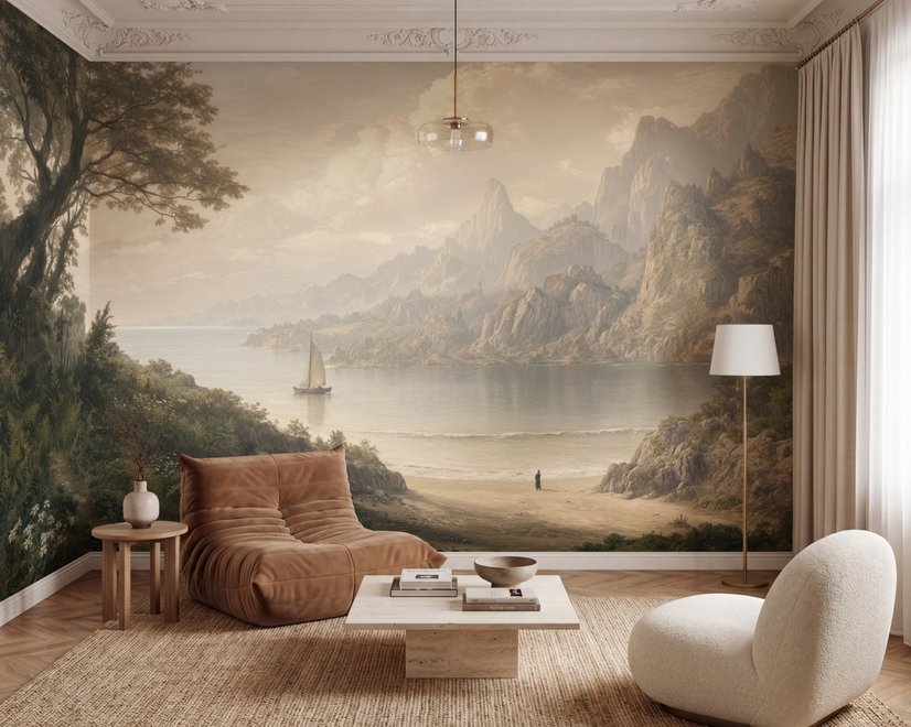 Landscape wallpaper mural with sepia coastal mountains, sailboat, beach figure and foreground tree