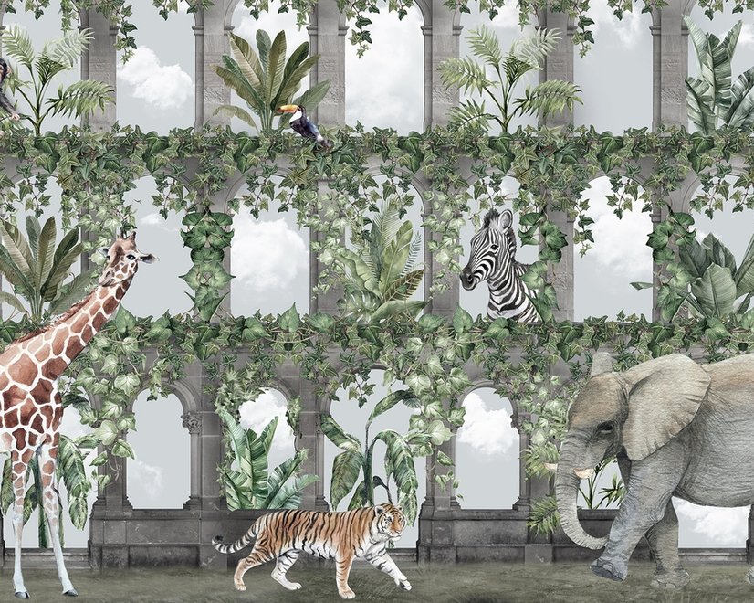 Kids Tropical Animals Around the Arch Wallpaper Mural