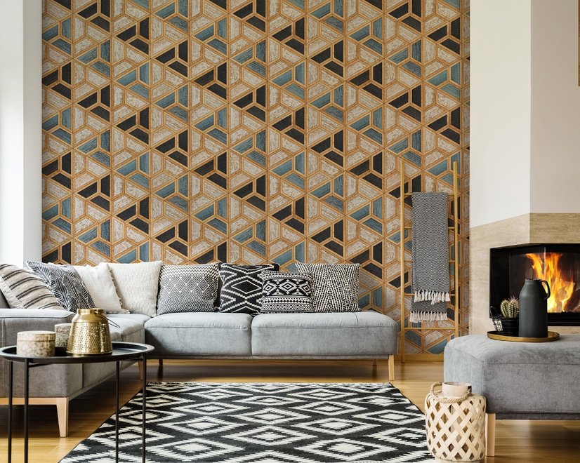 Fototapete mit Geometrischen Formen und Holzoptik