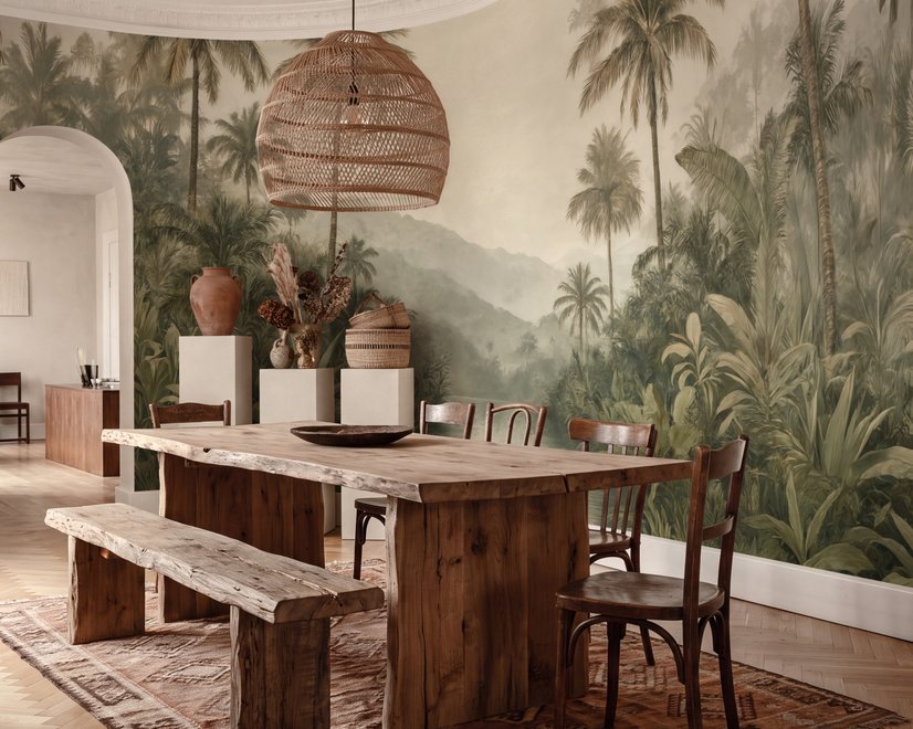 Misty tropical forest wallpaper with palms, pale river and hazy hills in muted green sepia