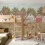 Watercolour rustic farmhouse wallpaper mural with horse, cow, llama, dog, tractor and cottage barns in a wheat meadow