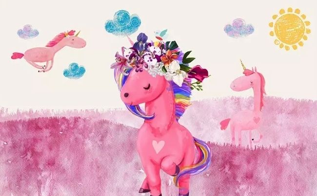 Papier peint panoramique licorne rose dessin animé