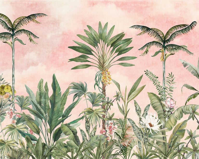 Watercolor Pink Tropical Chinoiserie Wallpaper Mural