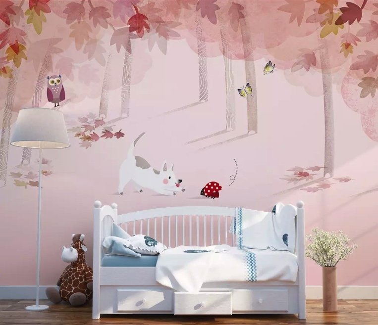 Pink Wald mit Katzen und Eule Fototapete
