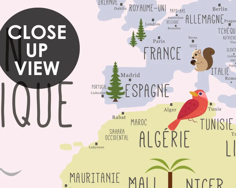  Carte éducatif en Français - Papier peint carte du monde éducative avec animaux pour enfants et bébé