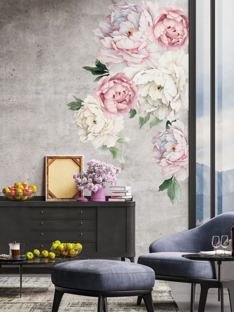 Blue Pink Peony Floral Bouqet Wall Decal Sticker