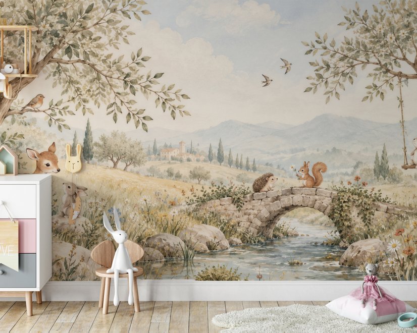 Watercolour woodland wall mural with fawn, rabbits, stone bridge, stream and distant cypress countryside